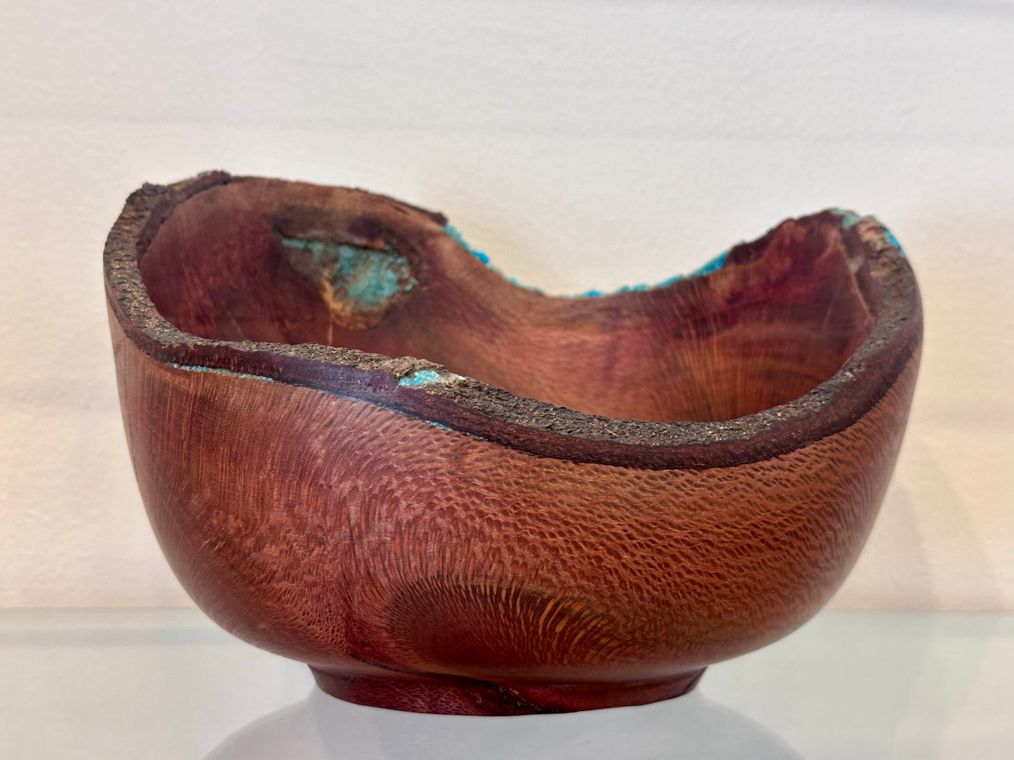 Natural Edge Artisanal Macadamia Nut Wood Bowl with Bark Inclusion and Turquoise Inlay