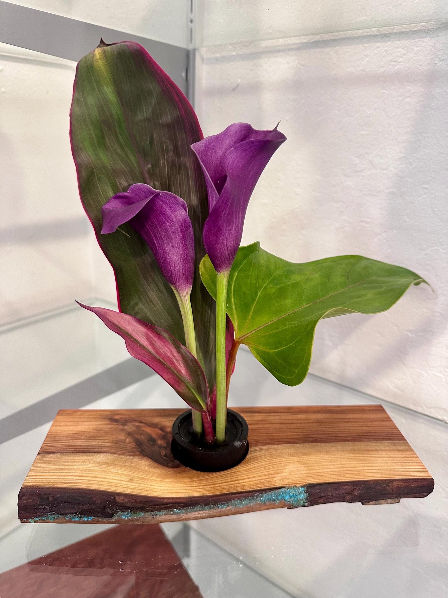 Handmade Koa Wood Ikebana (Japanese Style Vase) with Bark Inclusion and Turquoise Inlay, Wood Ikebana, Made in Hawaii