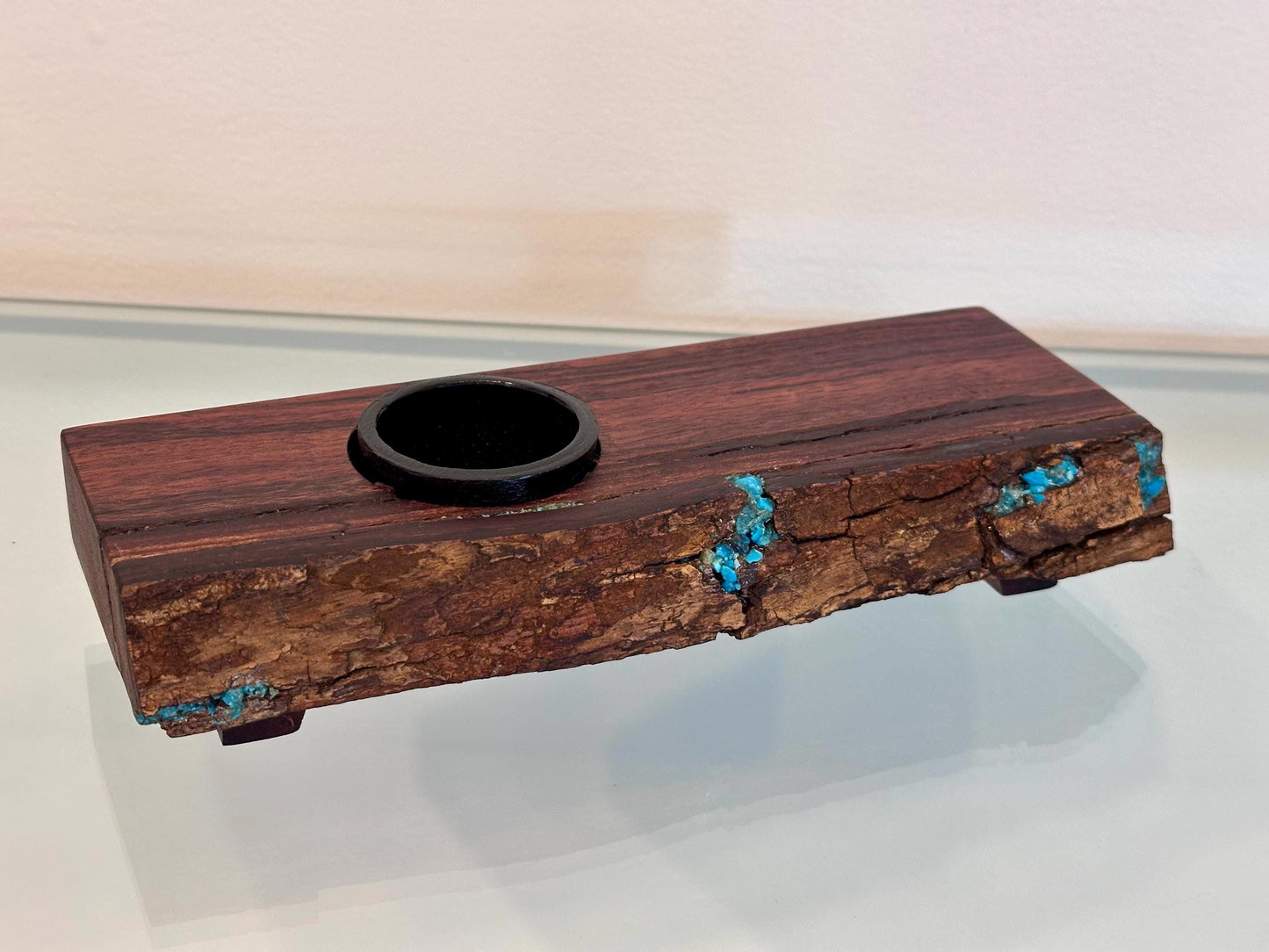 Handmade Koa Wood Ikebana (Japanese Style Vase) with Bark Inclusion and Turquoise Inlay, Wood Ikebana, Made in Hawaii