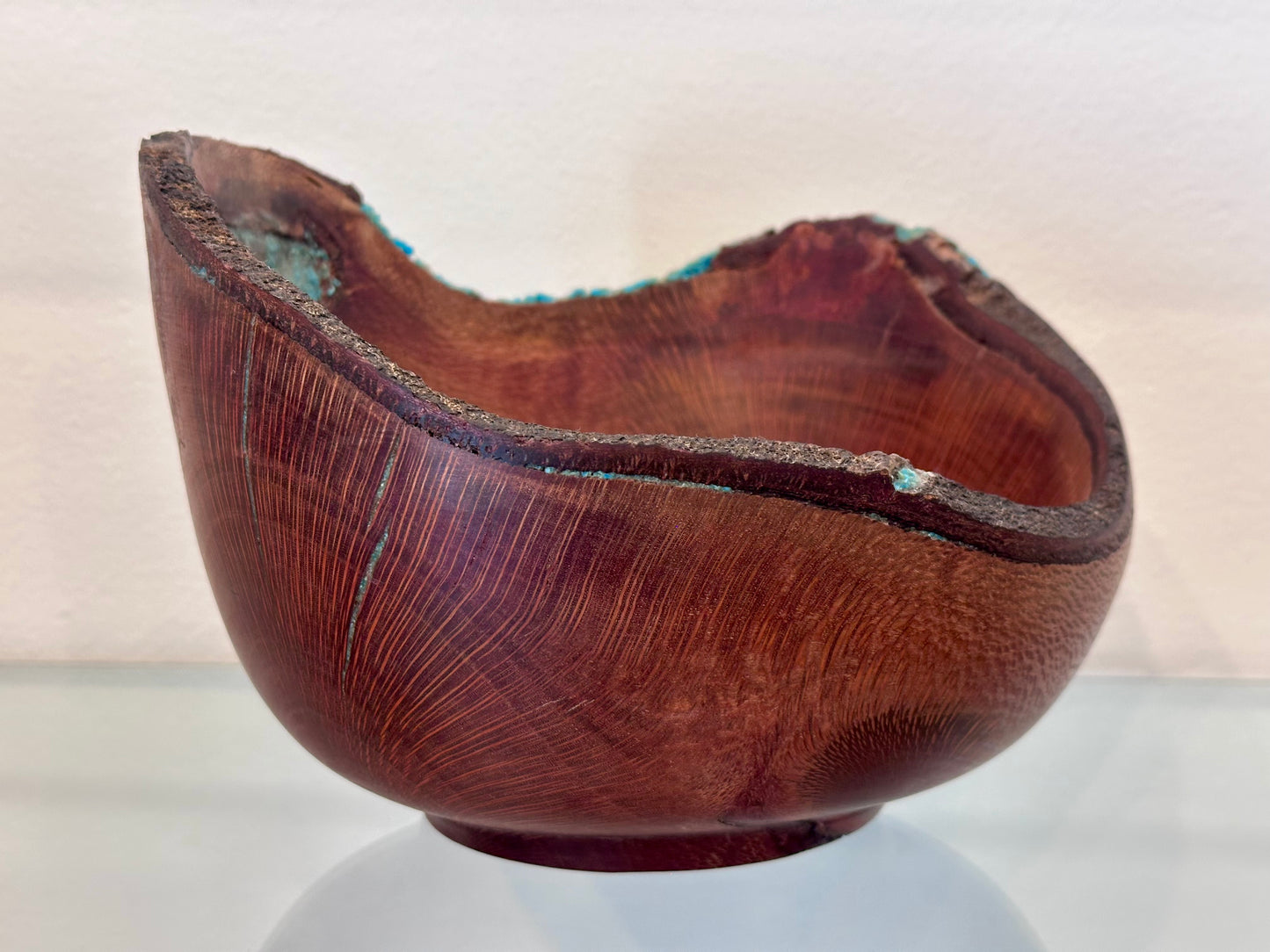 Natural Edge Artisanal Macadamia Nut Wood Bowl with Bark Inclusion and Turquoise Inlay