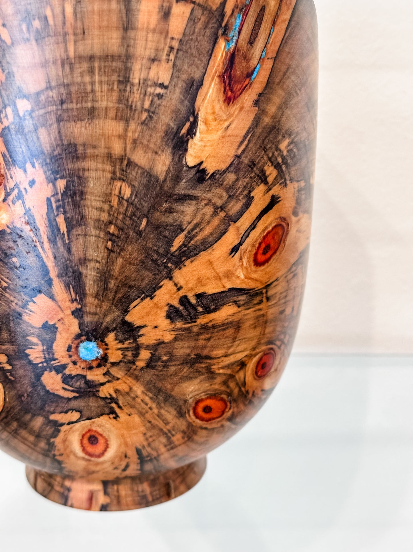 Handmade Vase-Shaped Norfolk Pine Wood Bowl with Turquoise Inlay Detail, Organic Finishes