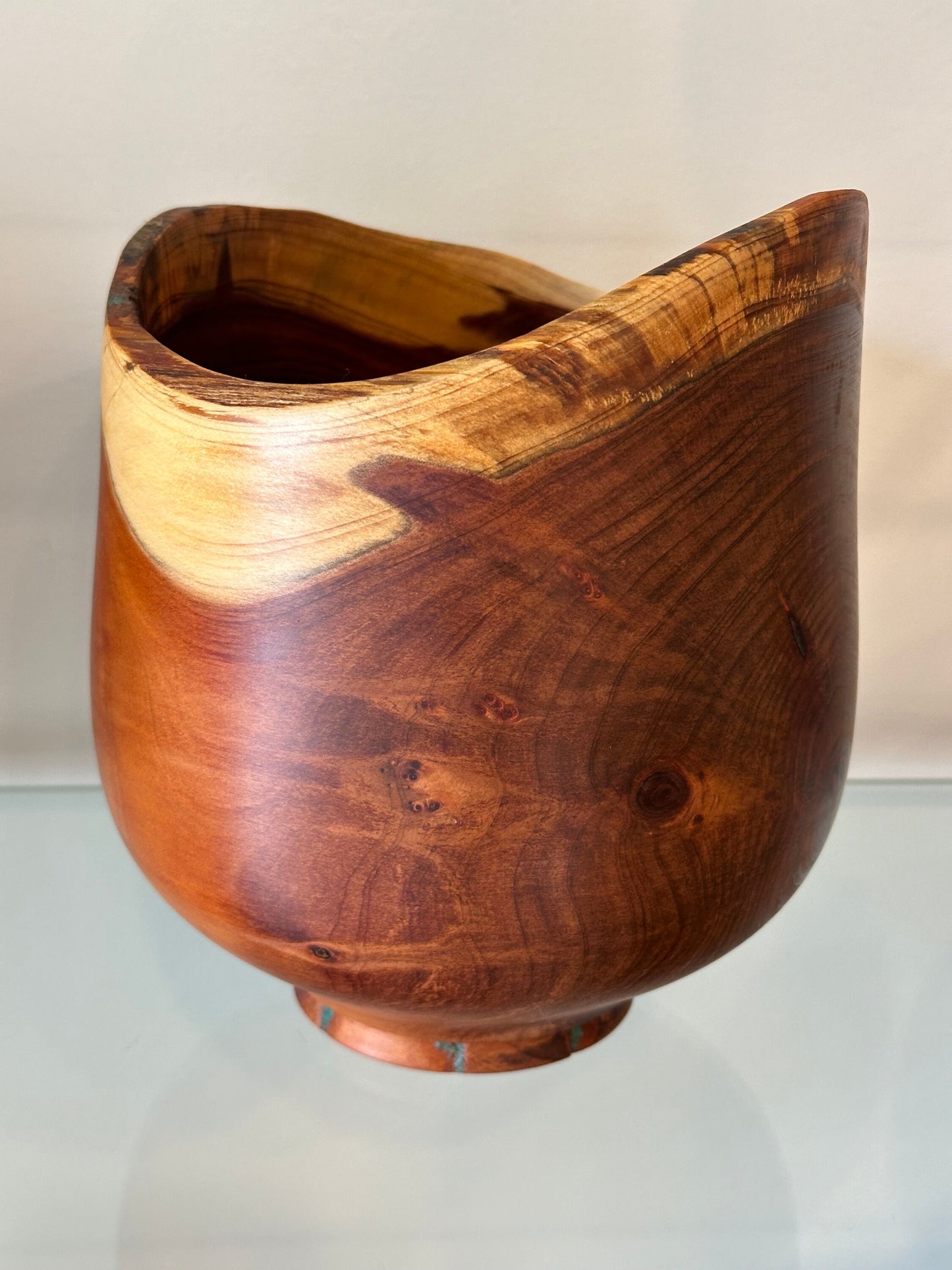 Handmade, natural edge juniper wood bowl with turquoise detailing, Hand-turned in Hawaii by Llosh Winne