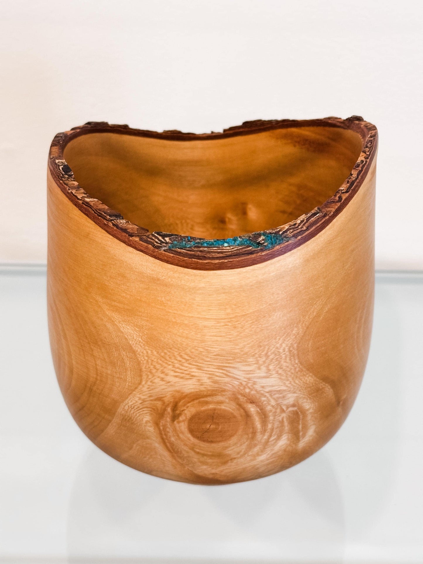Jacaranda Wood Bowl, Handmade, Artisanal, Natural Edge, with Bark Inclusion and Turquoise Inlay, Hand-carved out of jacaranda wood in Hawaii
