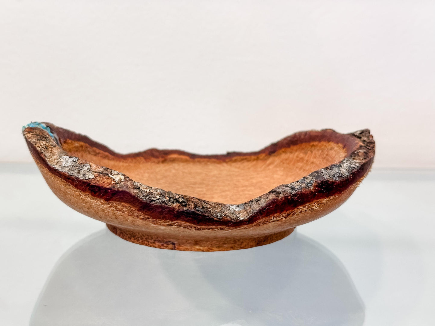 Small, handmade, natural edge coconut wood bowl with turquoise detailing, Hand-turned in Hawaii by Llosh Winne