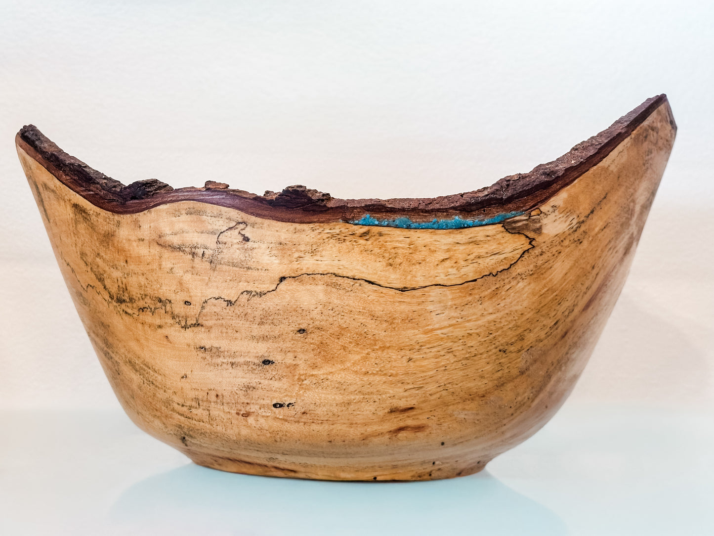 Large Artisanal Tamarind Wood Bowl with Turquoise Inlay, Handmade in Hawaii