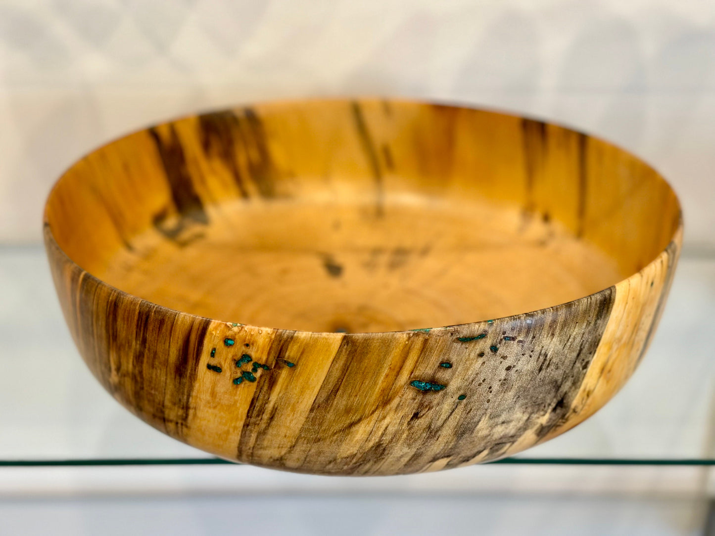 Large Wood Bowl, Handturned Wood Bowl, Norfolk Pine Wood Bowl, Decorated with Turquoise inlay, Handmade in Hawaii by Llosh Winne
