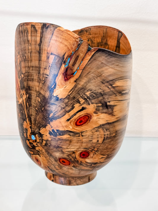 Handmade Vase-Shaped Norfolk Pine Wood Bowl with Turquoise Inlay Detail, Organic Finishes