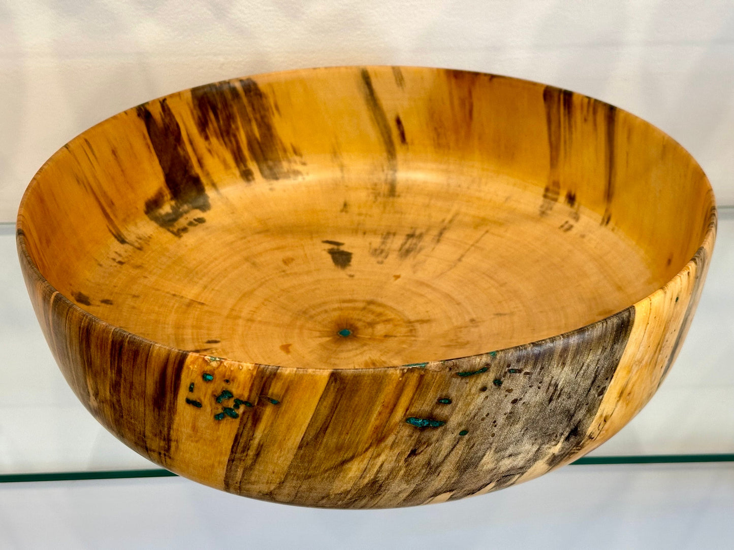 Large Wood Bowl, Handturned Wood Bowl, Norfolk Pine Wood Bowl, Decorated with Turquoise inlay, Handmade in Hawaii by Llosh Winne