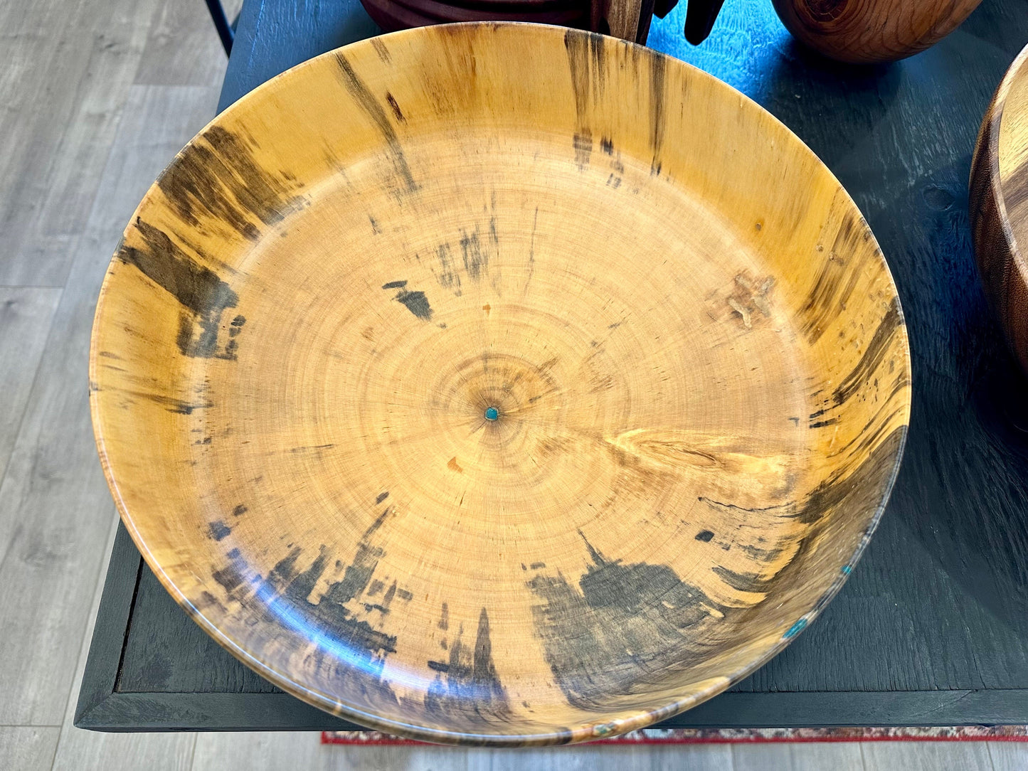 Large Wood Bowl, Handturned Wood Bowl, Norfolk Pine Wood Bowl, Decorated with Turquoise inlay, Handmade in Hawaii by Llosh Winne