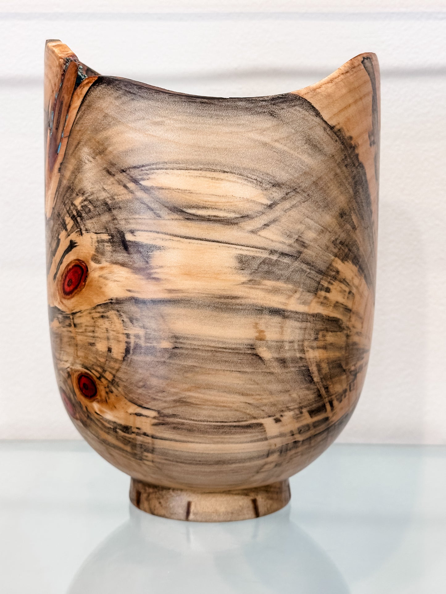 Handmade Vase-Shaped Norfolk Pine Wood Bowl with Turquoise Inlay Detail, Organic Finishes