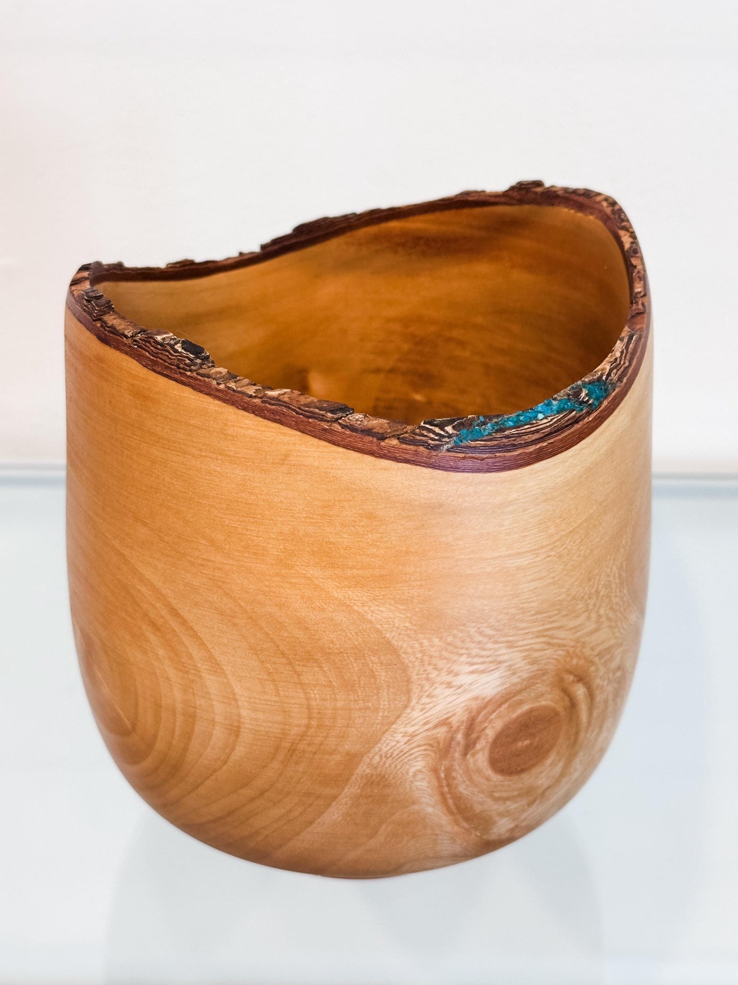 Jacaranda Wood Bowl, Handmade, Artisanal, Natural Edge, with Bark Inclusion and Turquoise Inlay, Hand-carved out of jacaranda wood in Hawaii