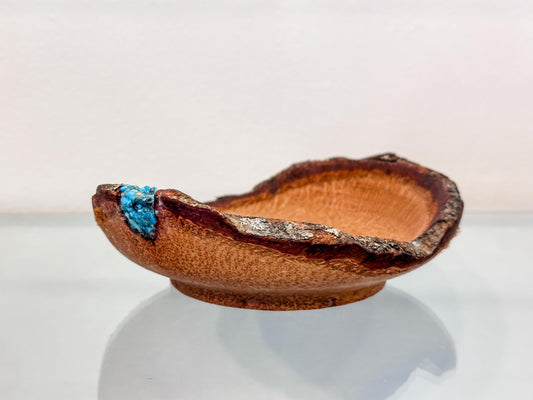 Small, handmade, natural edge coconut wood bowl with turquoise detailing, Hand-turned in Hawaii by Llosh Winne