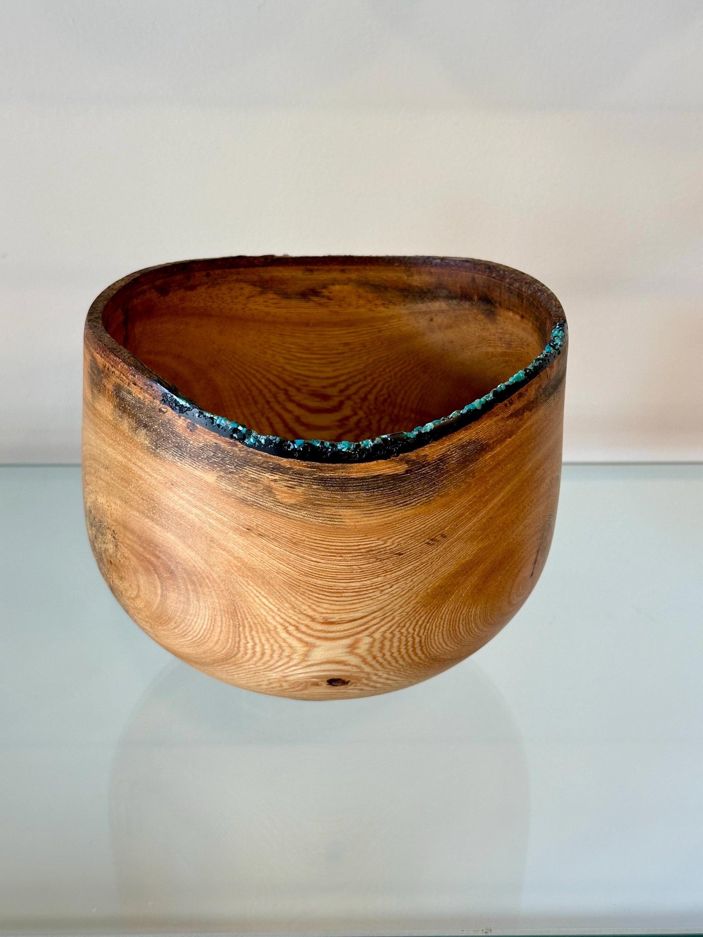 Banyan wood bowl, Decorated with turquoise gemstone and Alaskan Anthracite inlay, Handmade in Hawaii by Llosh Winne