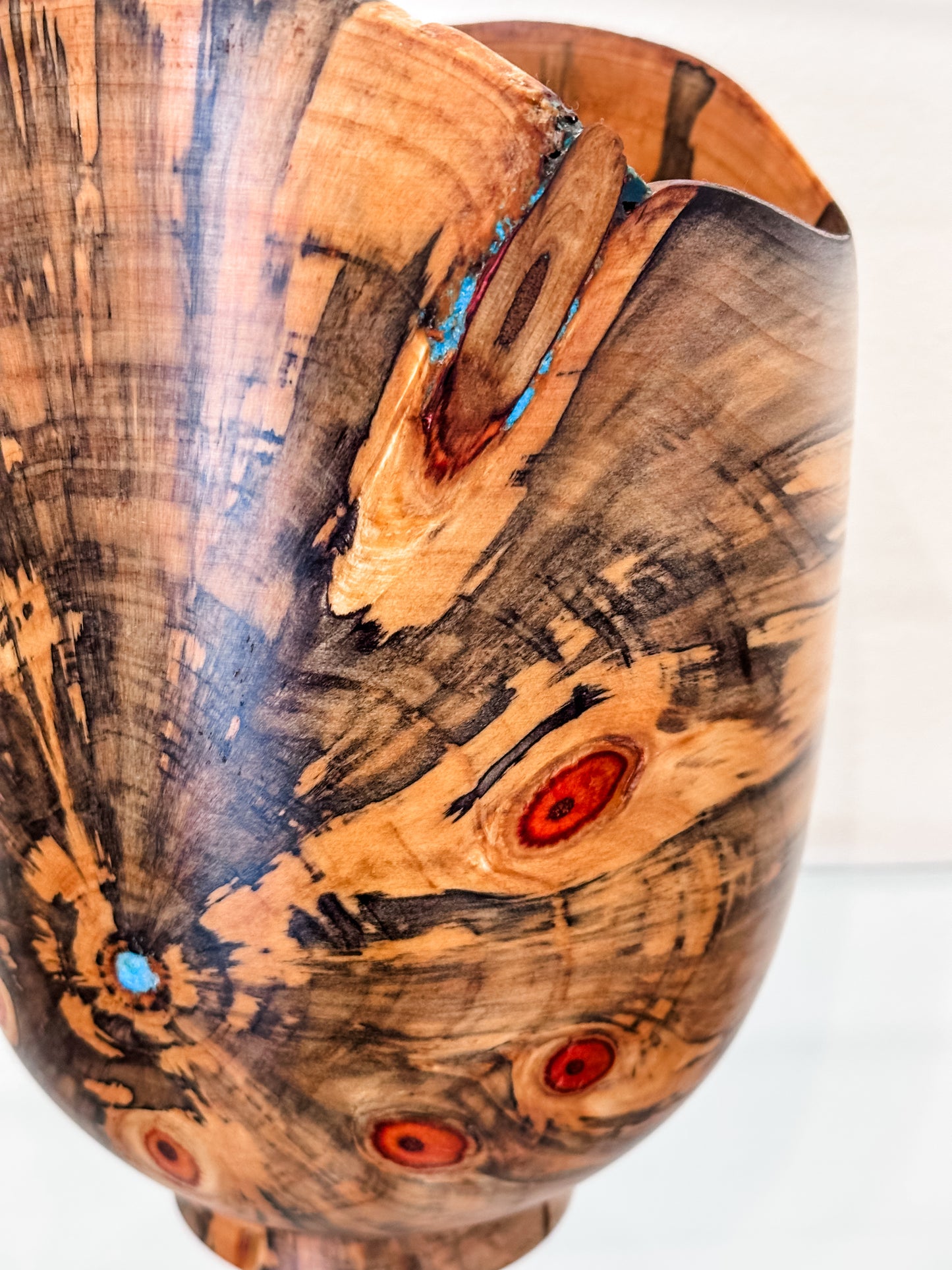 Handmade Vase-Shaped Norfolk Pine Wood Bowl with Turquoise Inlay Detail, Organic Finishes