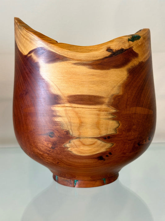 Handmade, natural edge juniper wood bowl with turquoise detailing, Hand-turned in Hawaii by Llosh Winne