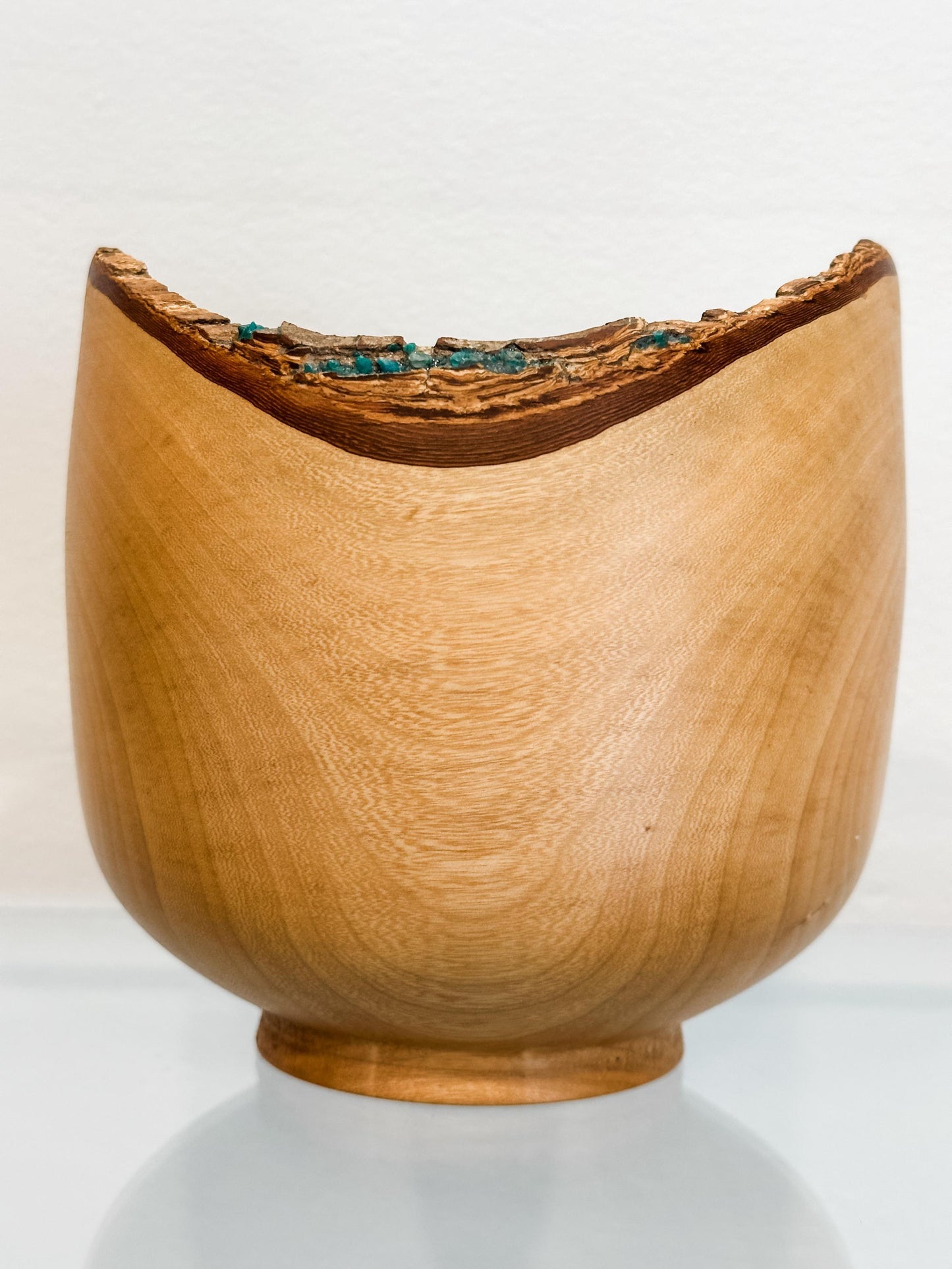 Jacaranda Wood Bowl with Live Edge Bark Inclusion and Turquoise Gemstone Inlay, Handmade in Hawaii, Organic