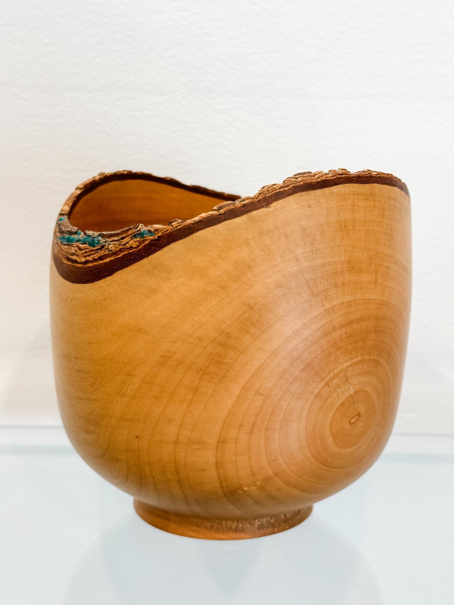 Jacaranda Wood Bowl with Live Edge Bark Inclusion and Turquoise Gemstone Inlay, Handmade in Hawaii, Organic