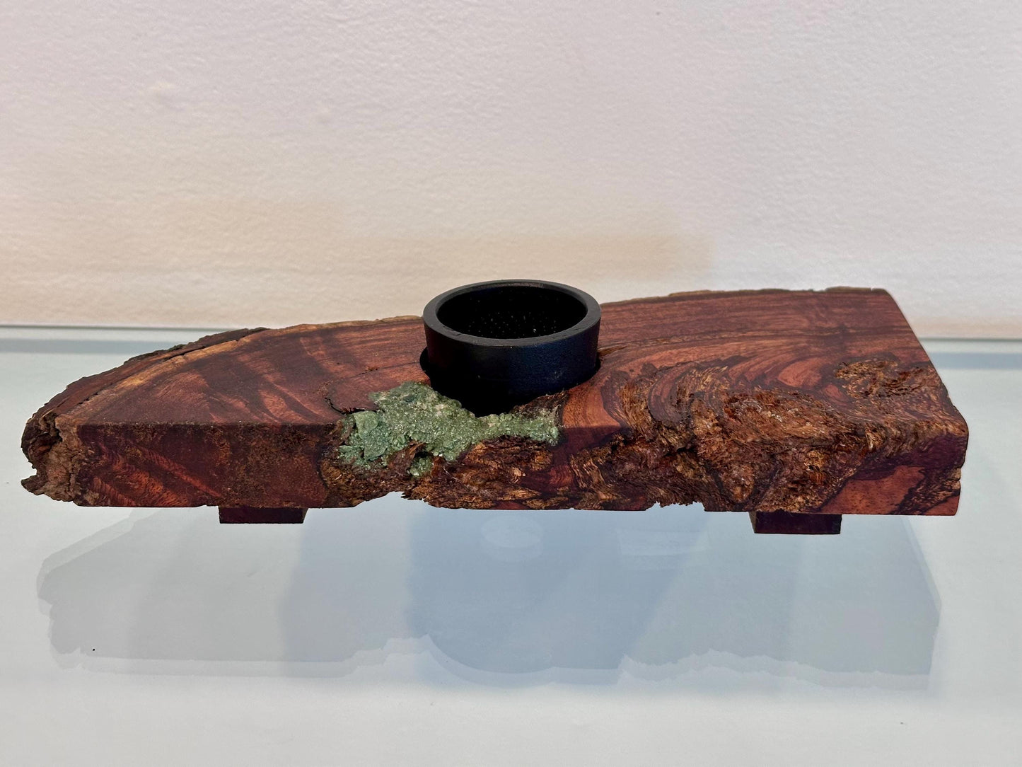 Handmade Koa Wood Ikebana (Japanese Style Vase) with Bark Inclusion and Turquoise Gemstone Inlay, Wood Ikebana, Made in Hawaii