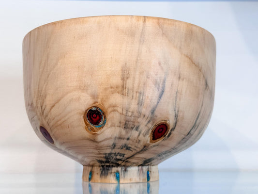 Norfolk Pine Wood Bowl with Turquoise Inlay Detailing, Handmade in Hawaii by Professional Bowl Turner Llosh Winne
