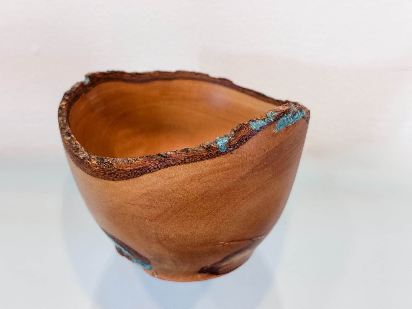 Small, Handmade, Natural Edge Olive Wood Bowl with Turquoise Gemstone Inlay