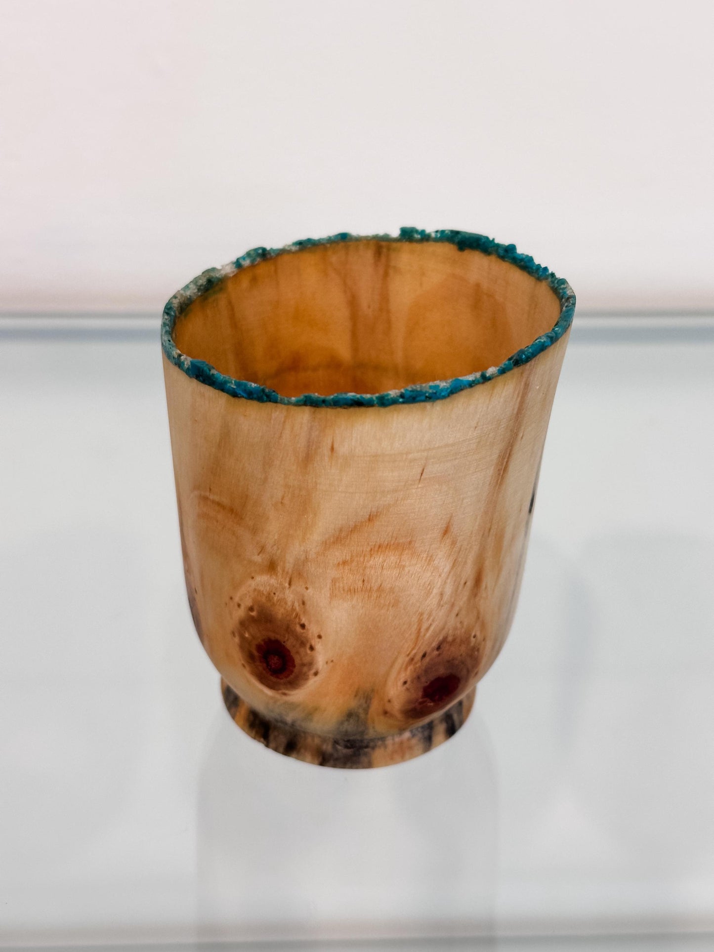 Small Norfolk Pine wood bowl, Artisanal wood bowl, Decorated with fine turquoise inlay, Hand-turned in Hawaii by artist Llosh Winne