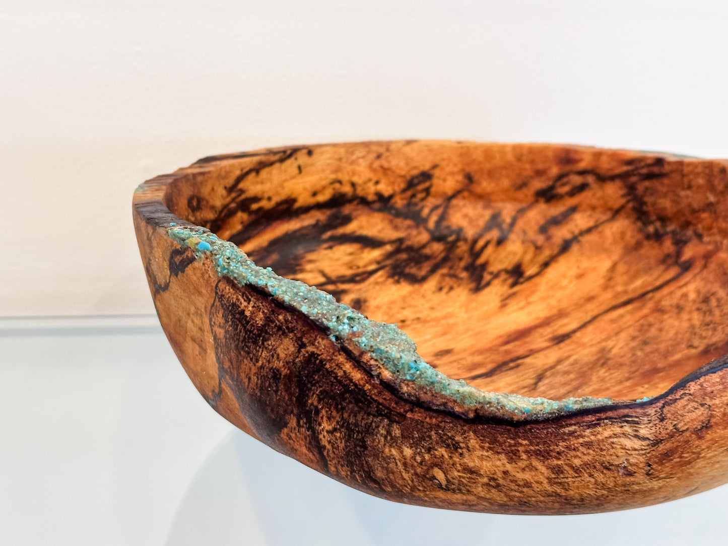 Medium Natural Edge Spalted Tamarind Wood Bowl Detailed with Turquoise Gemstone Inlay, Handmade in Hawaii by Llosh Winne