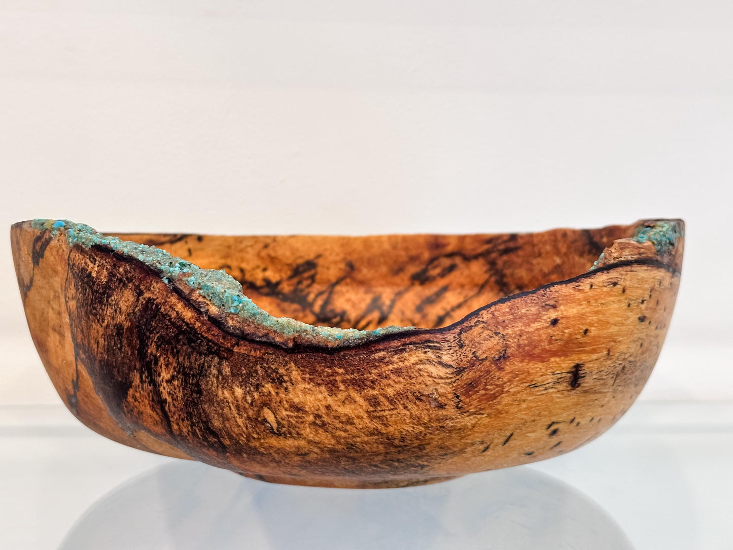 Medium Natural Edge Spalted Tamarind Wood Bowl Detailed with Turquoise Gemstone Inlay, Handmade in Hawaii by Llosh Winne