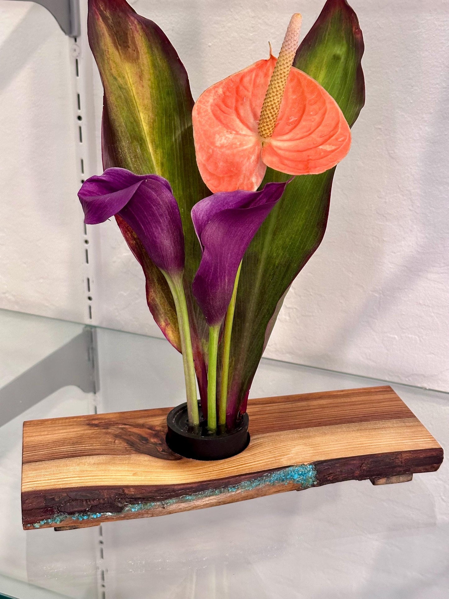 Handmade Koa Wood Ikebana (Japanese Style Vase) with Bark Inclusion and Turquoise Gemstone Inlay, Wood Ikebana, Made in Hawaii