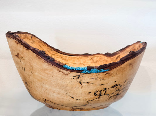 Large Artisanal Tamarind Wood Bowl with Turquoise Inlay, Handmade in Hawaii