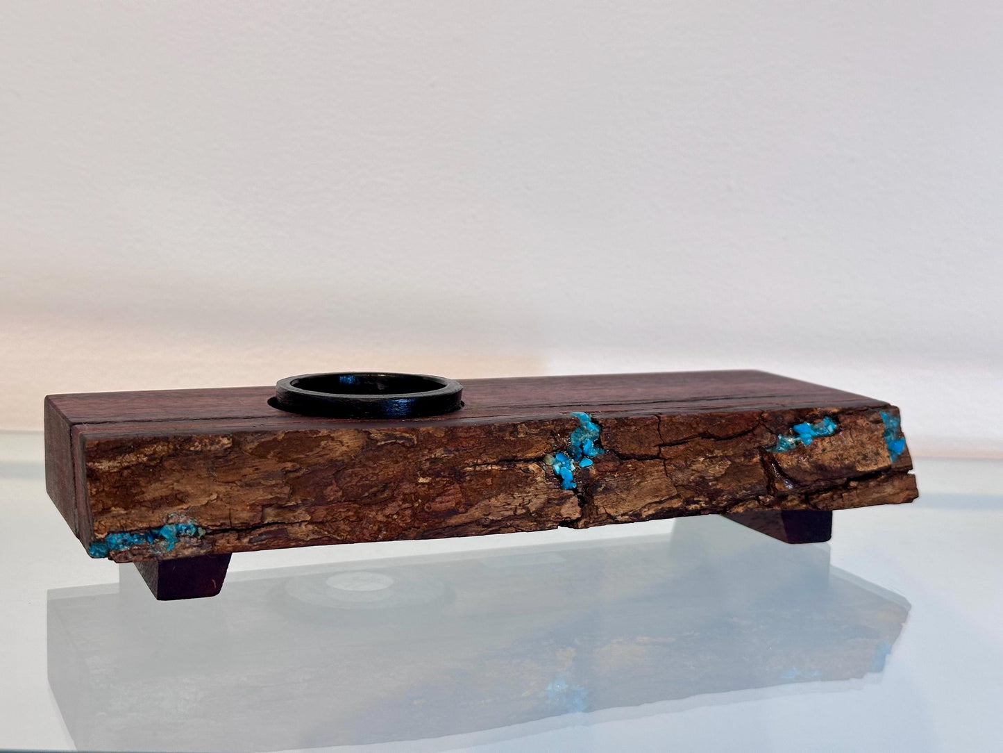 Handmade Koa Wood Ikebana (Japanese Style Vase) with Bark Inclusion and Turquoise Inlay, Wood Ikebana, Made in Hawaii