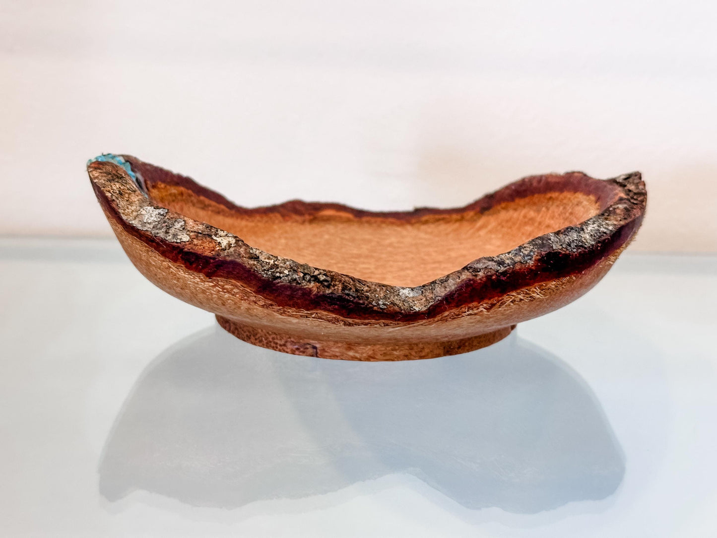 Small, handmade, natural edge coconut wood bowl with turquoise detailing, Hand-turned in Hawaii by Llosh Winne