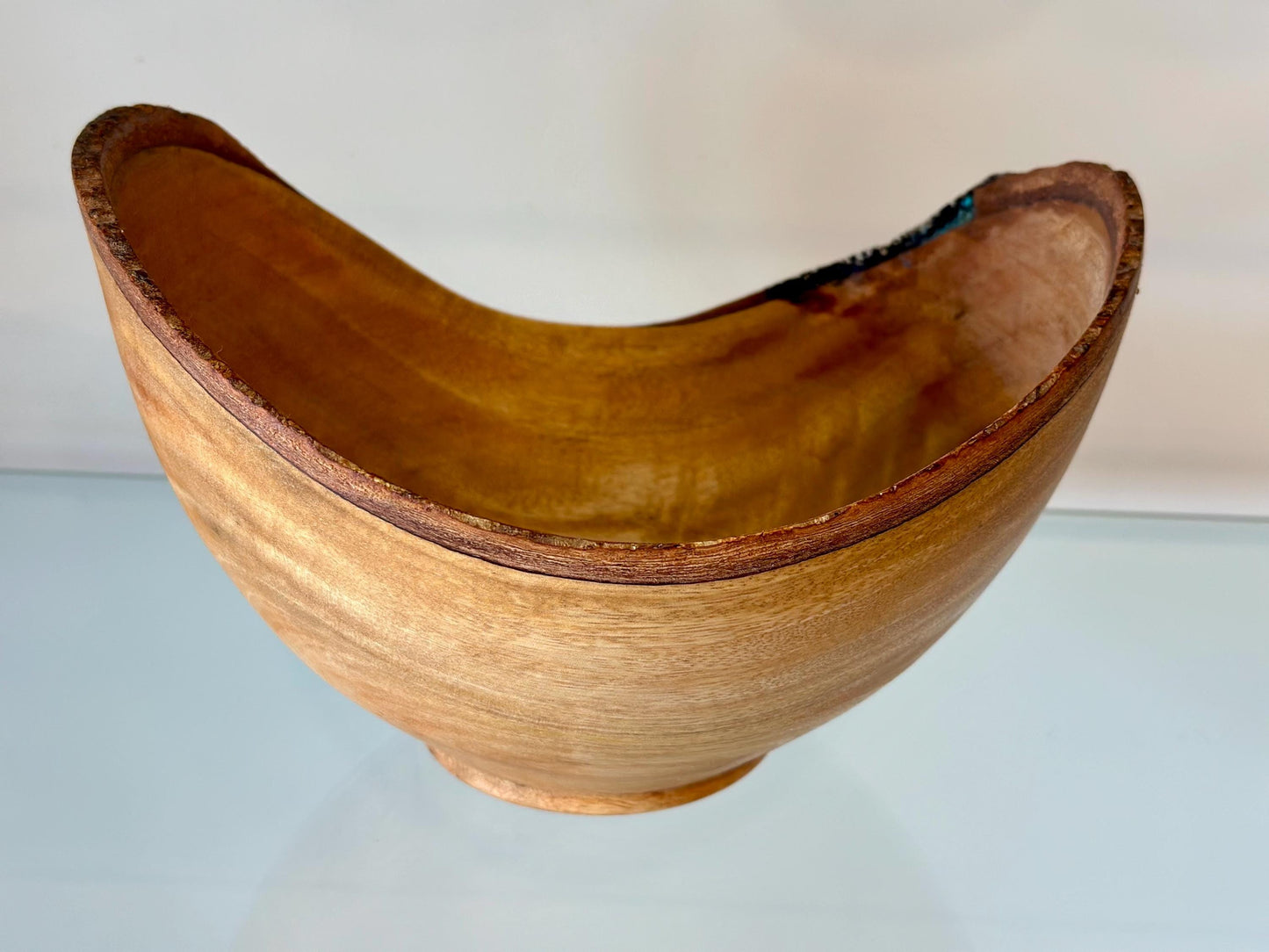 Natural Edge Mango Wood Bowl with Turquoise Gemstone and Black Alaskan Anthracite Inlay Detail, Handmade by Llosh Winne