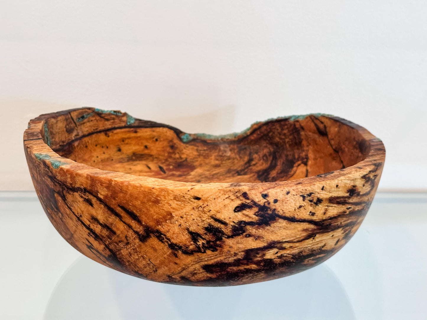 Medium Natural Edge Spalted Tamarind Wood Bowl Detailed with Turquoise Gemstone Inlay, Handmade in Hawaii by Llosh Winne