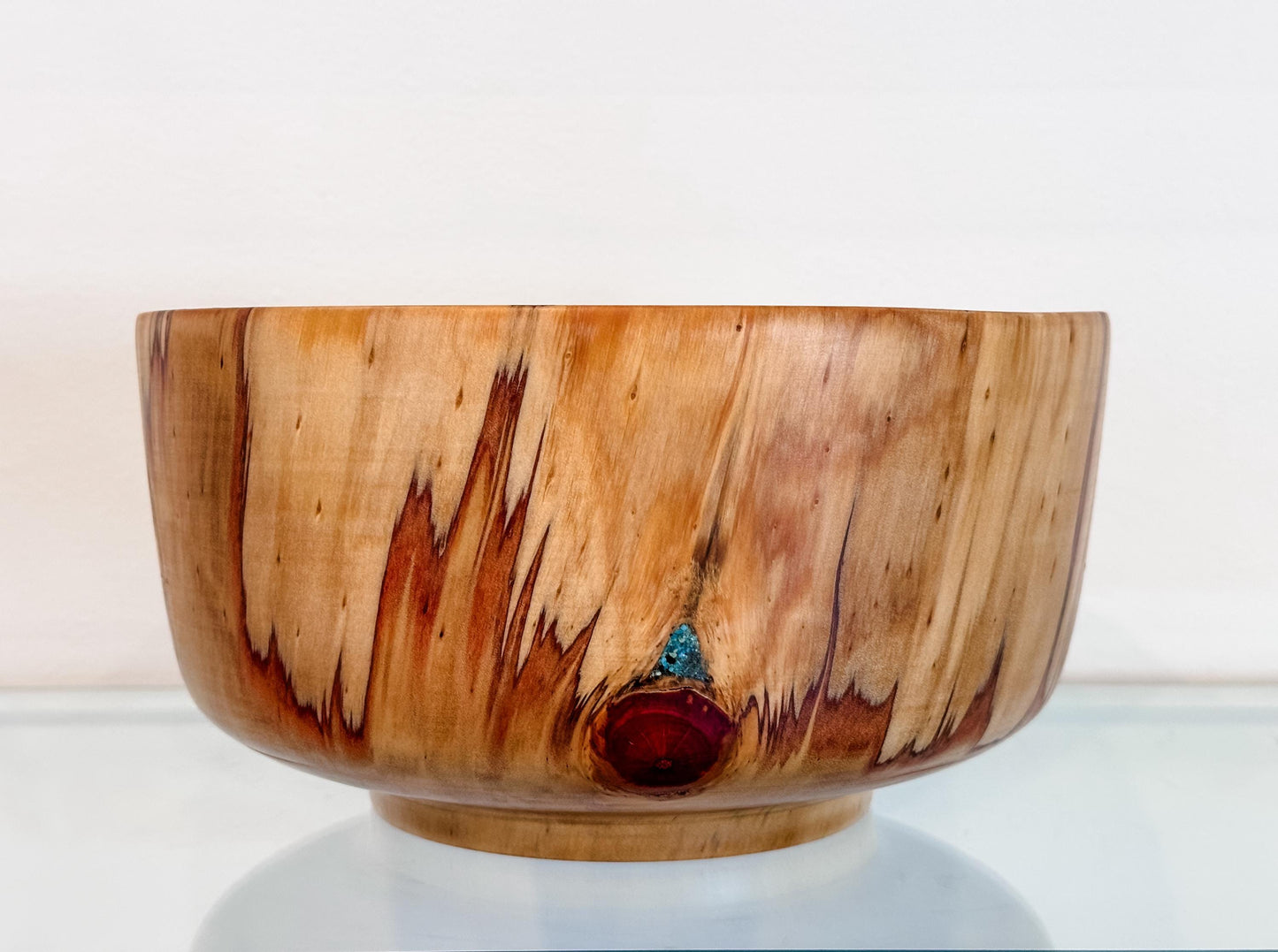 Handmade Norfolk pine wood bowl, Decorated with precious turquoise gemstone inlay, Hand-carved in Hawaii by artist Llosh Winne