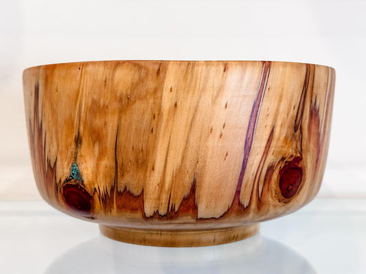 Handmade Norfolk pine wood bowl, Decorated with precious turquoise gemstone inlay, Hand-carved in Hawaii by artist Llosh Winne