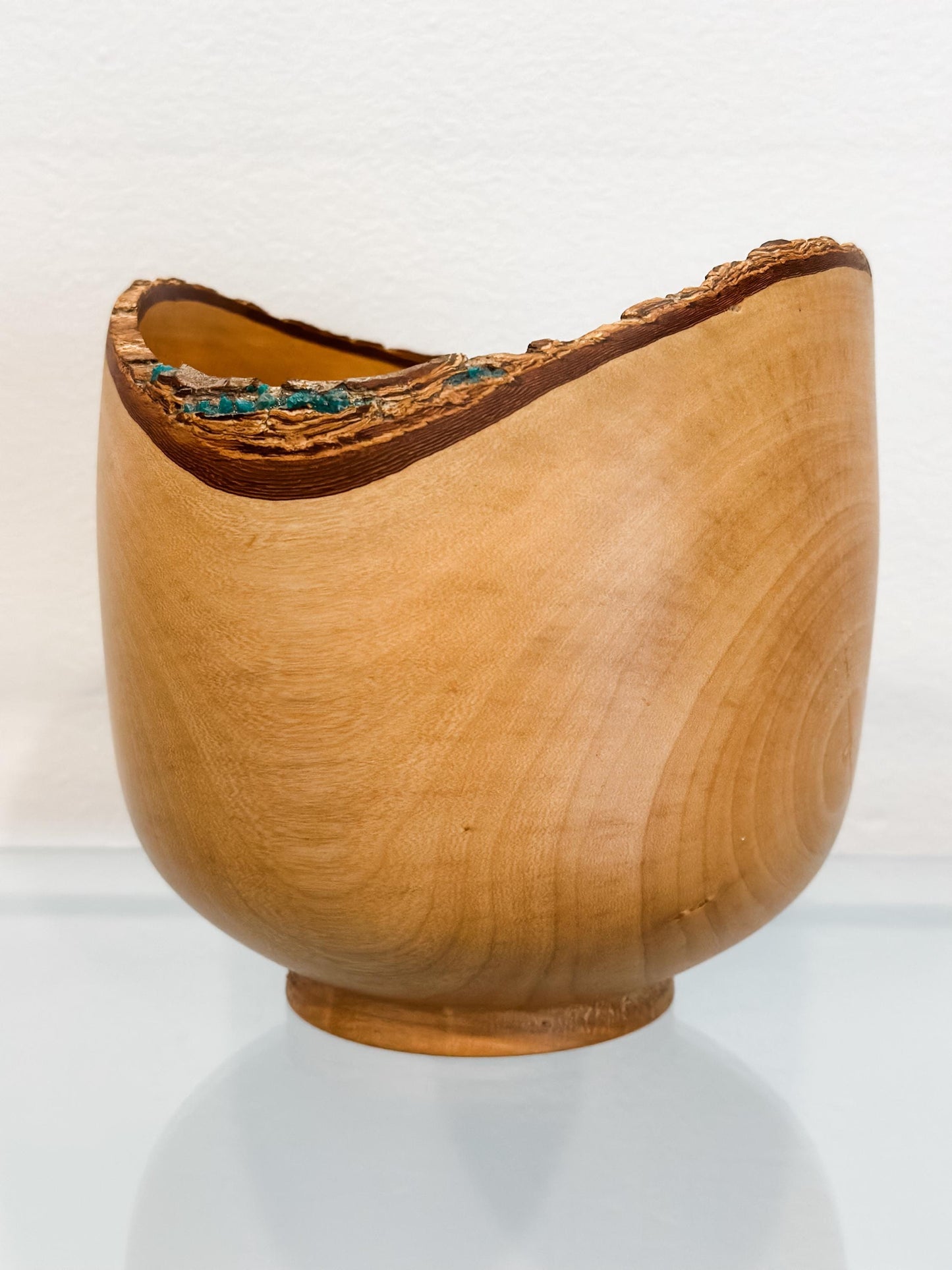 Jacaranda Wood Bowl with Live Edge Bark Inclusion and Turquoise Gemstone Inlay, Handmade in Hawaii, Organic