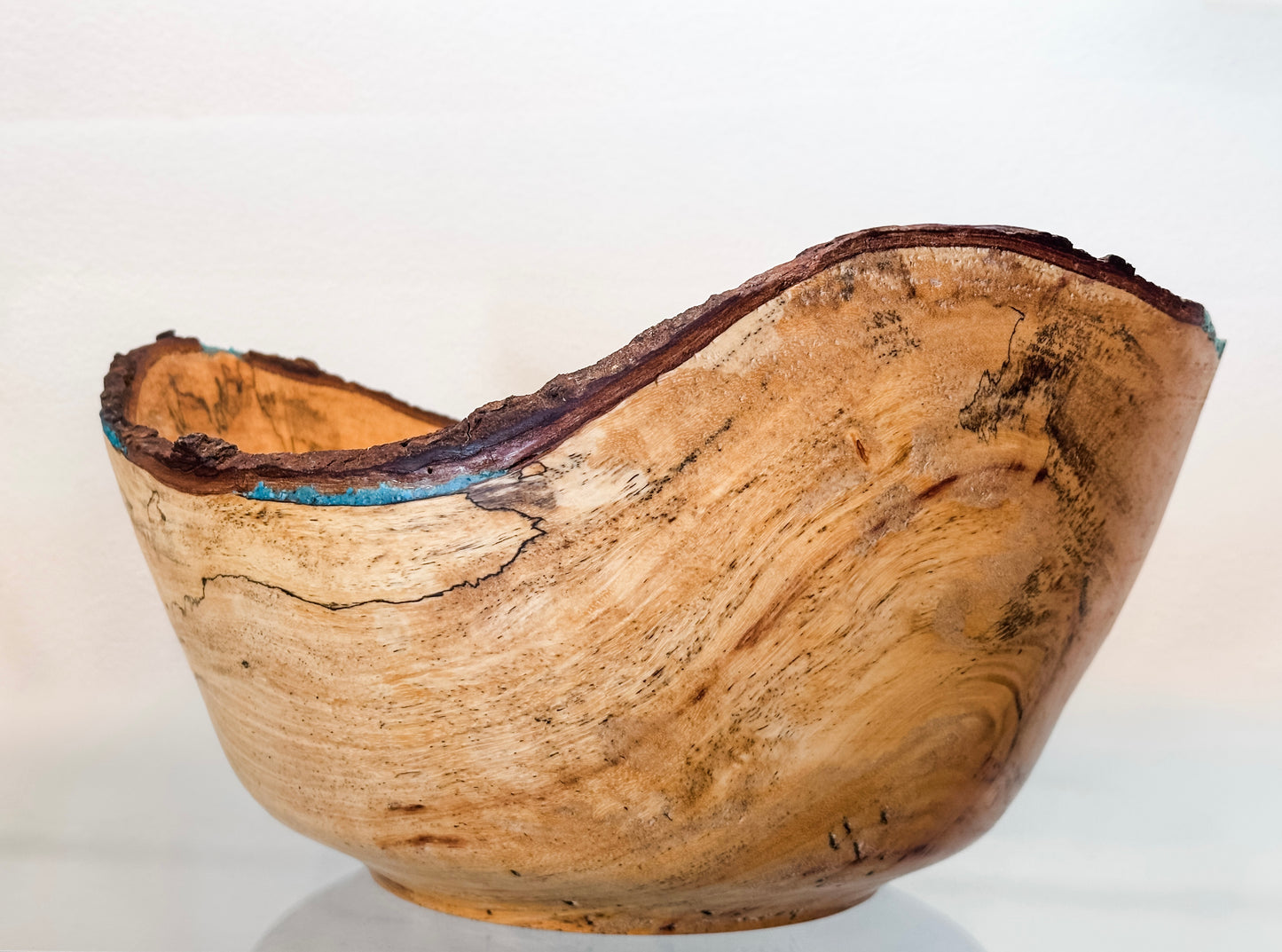 Large Artisanal Tamarind Wood Bowl with Turquoise Inlay, Handmade in Hawaii