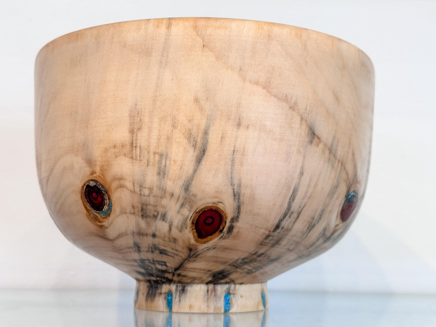 Norfolk Pine Wood Bowl with Turquoise Inlay Detailing, Handmade in Hawaii by Professional Bowl Turner Llosh Winne