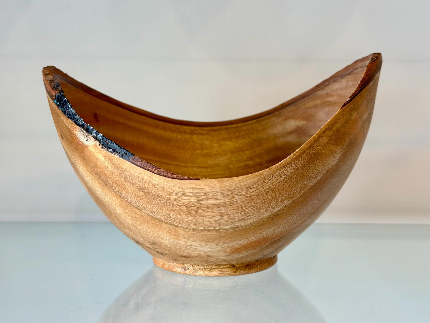 Natural Edge Mango Wood Bowl with Turquoise Gemstone and Black Alaskan Anthracite Inlay Detail, Handmade by Llosh Winne