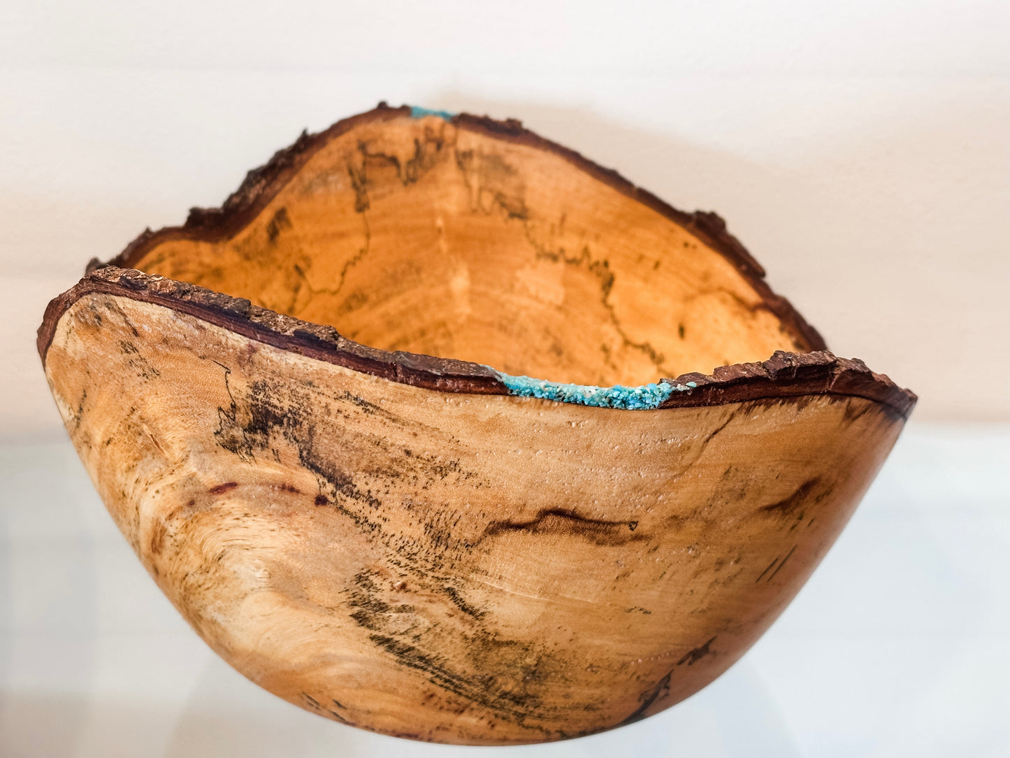 Large Artisanal Tamarind Wood Bowl with Turquoise Inlay, Handmade in Hawaii