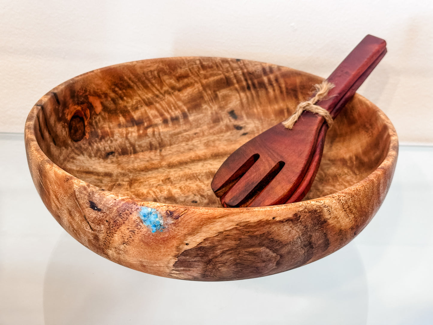 Mango Wood Salad Bowl with Turquoise, Handmade, Organic, Food Safe
