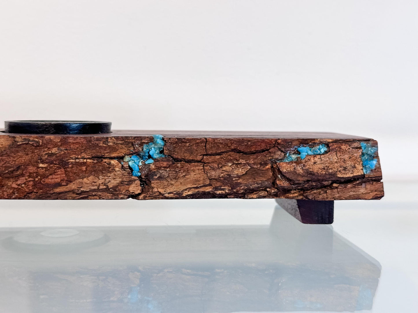 Handmade Koa Wood Ikebana (Japanese Style Vase) with Bark Inclusion and Turquoise Inlay, Wood Ikebana, Made in Hawaii