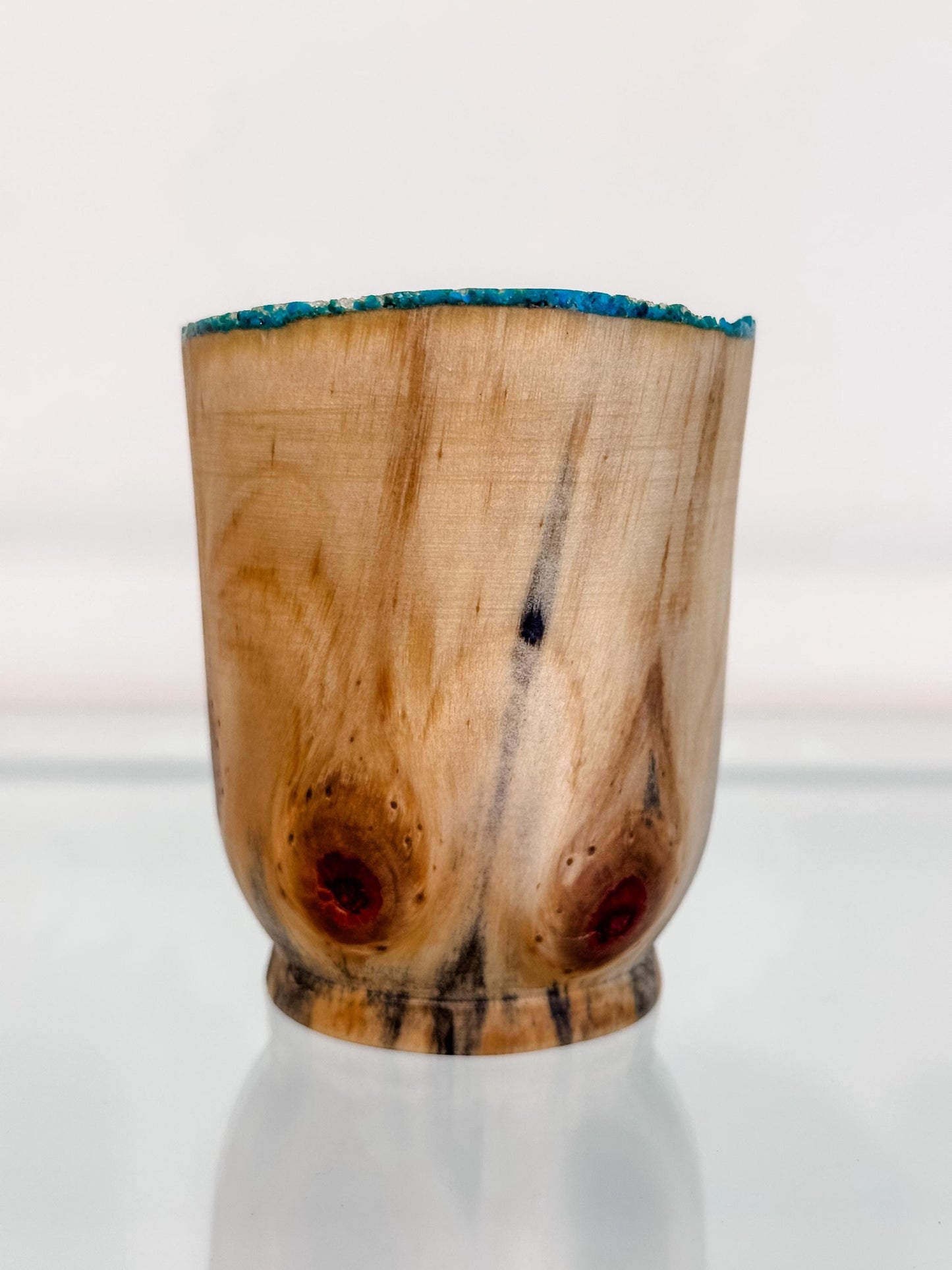 Small Norfolk Pine wood bowl, Artisanal wood bowl, Decorated with fine turquoise inlay, Hand-turned in Hawaii by artist Llosh Winne
