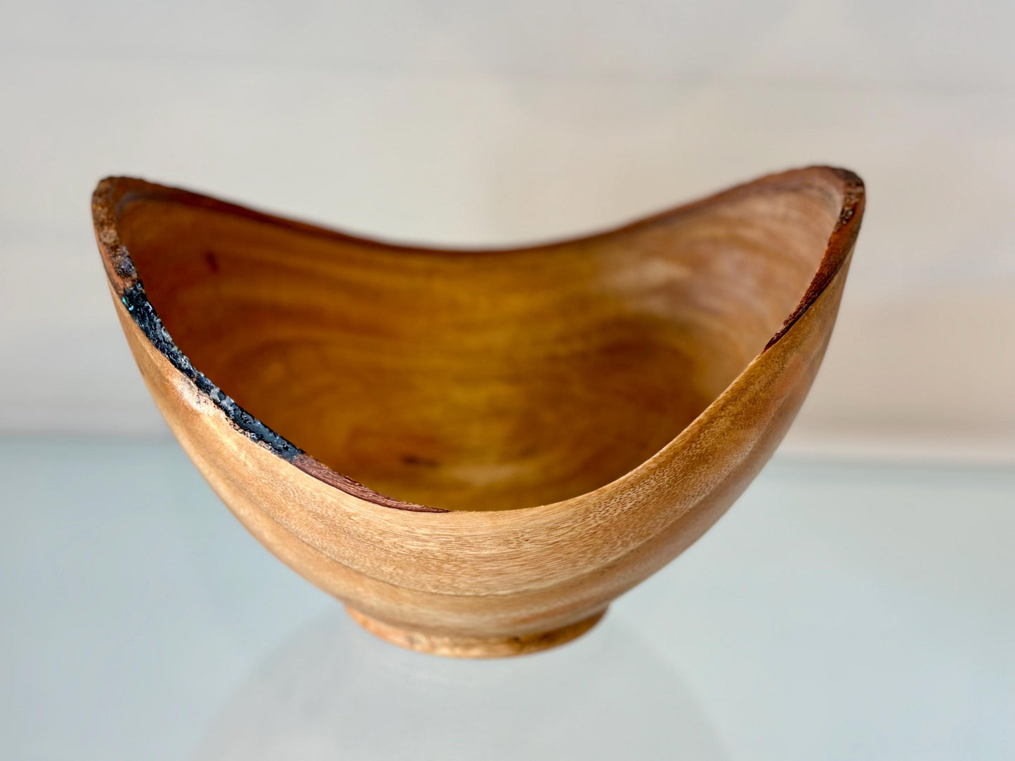 Natural Edge Mango Wood Bowl with Turquoise Gemstone and Black Alaskan Anthracite Inlay Detail, Handmade by Llosh Winne