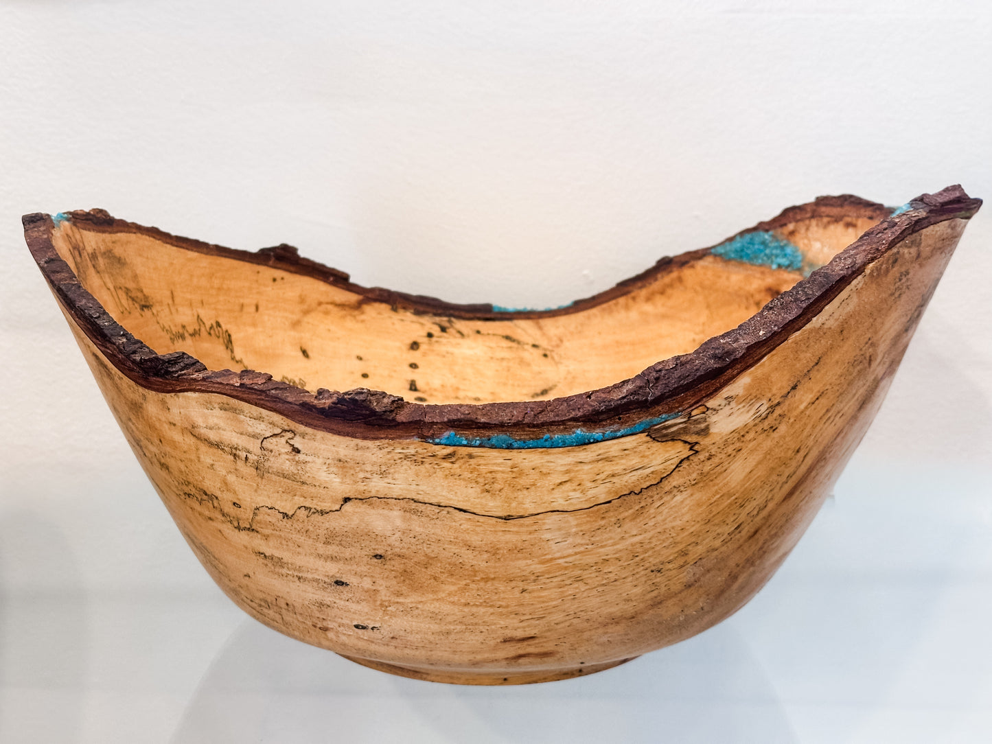 Large Artisanal Tamarind Wood Bowl with Turquoise Inlay, Handmade in Hawaii