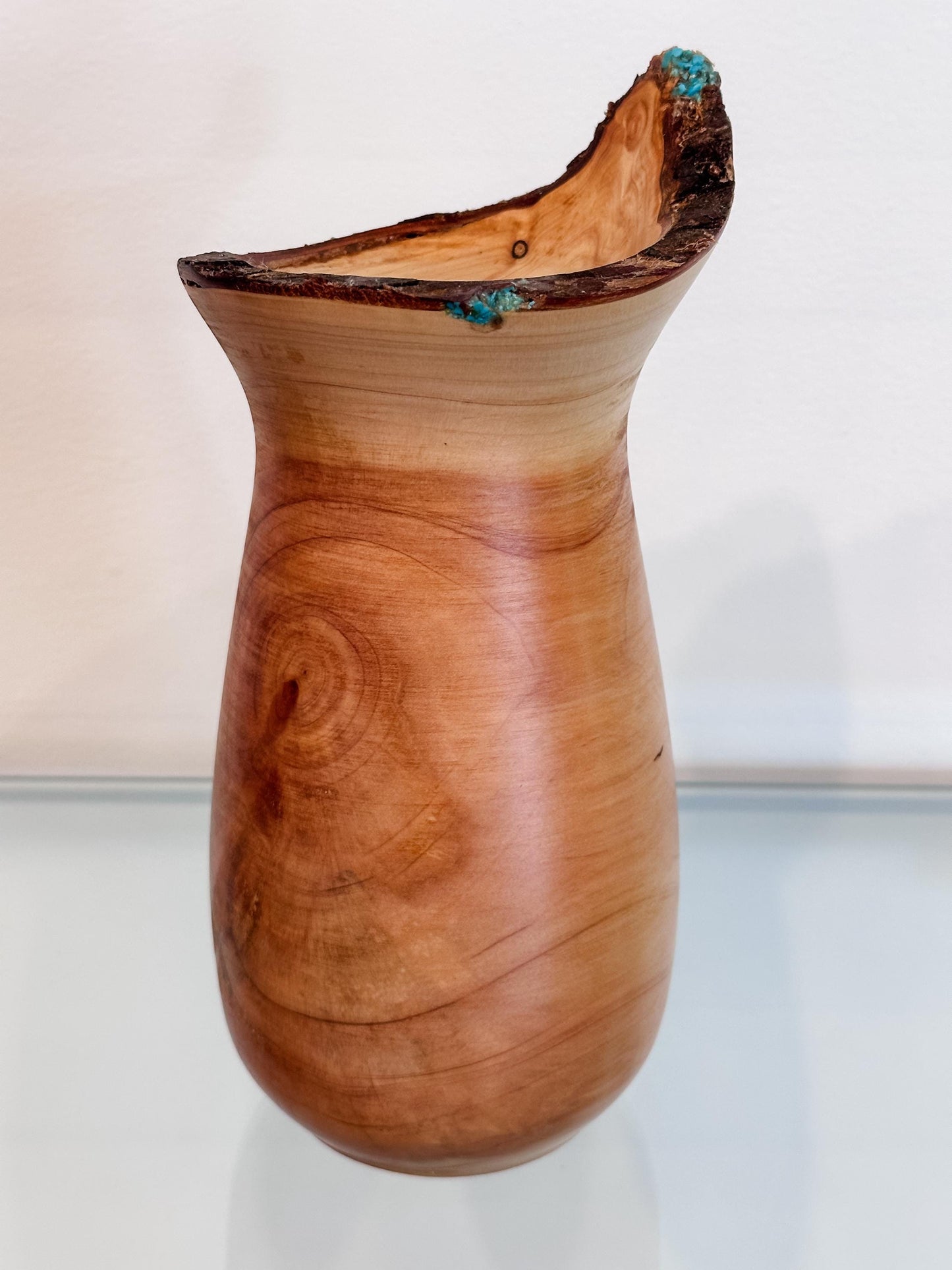 Cypress Wood Vase with Turquoise Gemstone Inlay, Wood Vase, Handmade in Hawaii