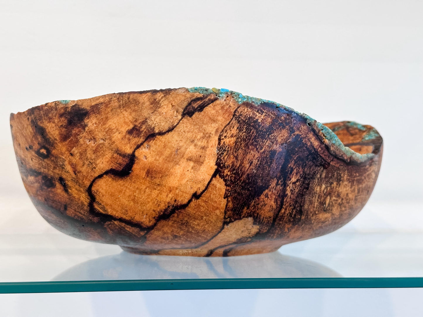 Medium Natural Edge Spalted Tamarind Wood Bowl Detailed with Turquoise Gemstone Inlay, Handmade in Hawaii by Llosh Winne