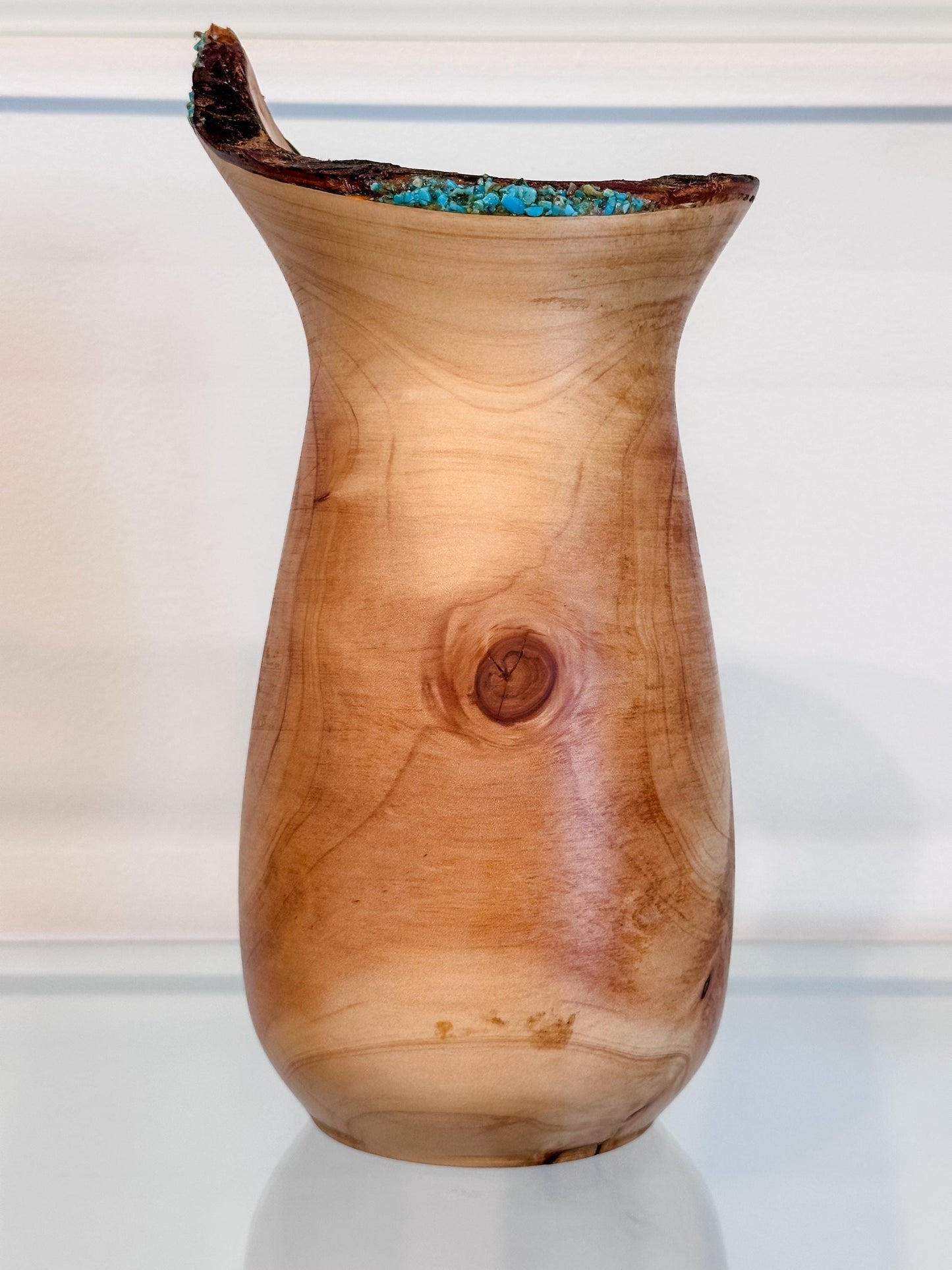 Cypress Wood Vase with Turquoise Gemstone Inlay, Wood Vase, Handmade in Hawaii