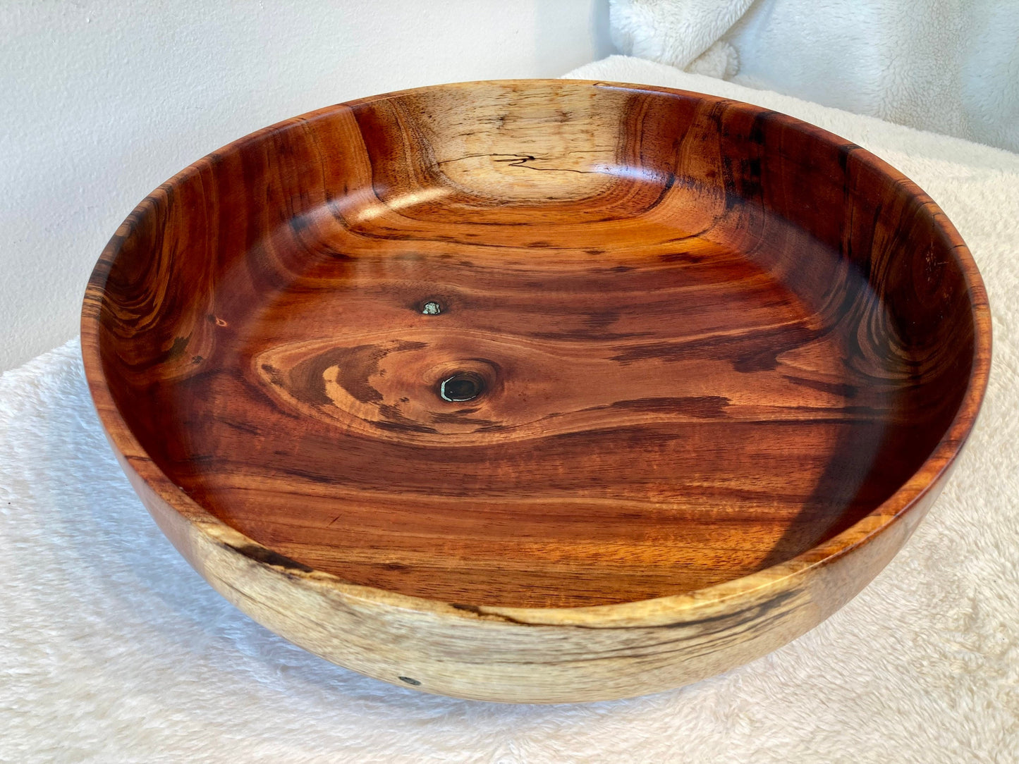 Large Koa Wood Bowl with Turquoise Inlay, Handmade in Hawaii