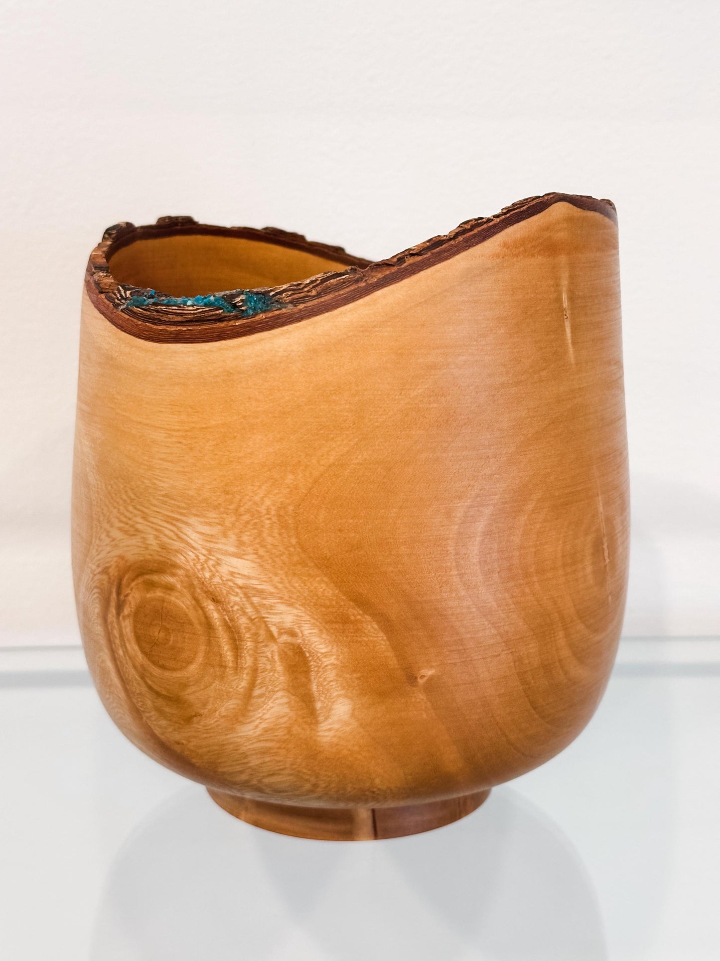 Jacaranda Wood Bowl, Handmade, Artisanal, Natural Edge, with Bark Inclusion and Turquoise Inlay, Hand-carved out of jacaranda wood in Hawaii